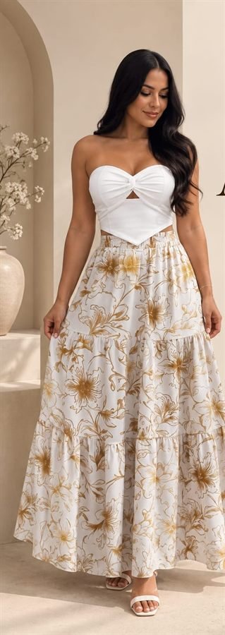 Falda larga floral dorada